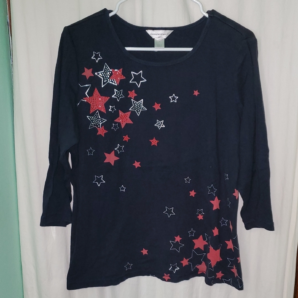 Vintage Y2k Sparkly Bedazzled Stars Patriotic 3/4 Sleeve Top